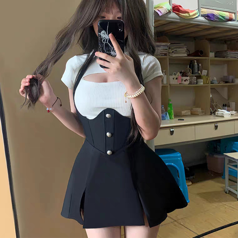 Japanske sexy søte skjørtsett svart kjole dame hul topp klubb fest minikjoler kvinnelig koreansk kjole sommer