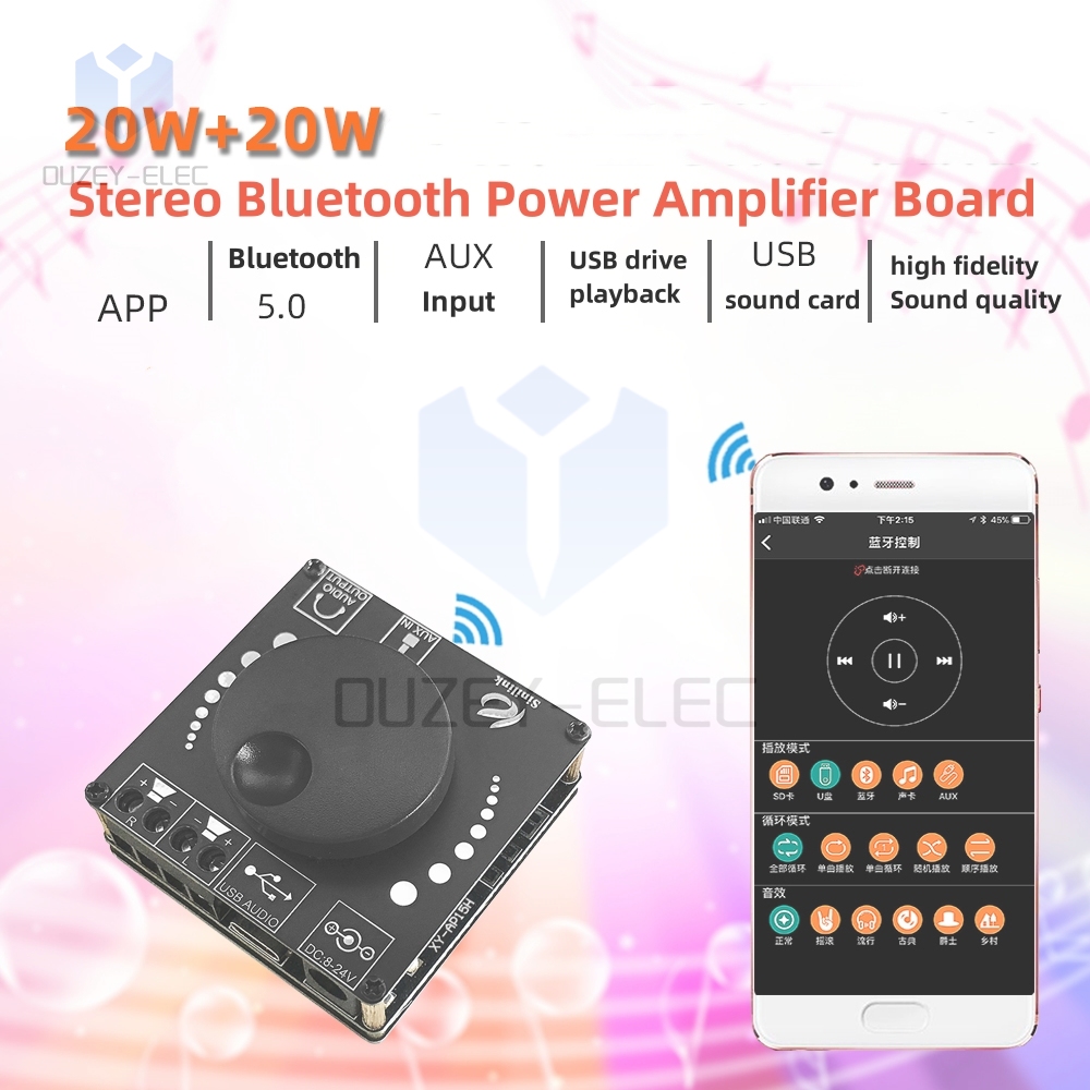 Bluetooth-Compatible Digital XY-AP15H Audio Power Amplifier 20W+20W Class 10W~200W HiFi Stereo USB/AUX Sound Card App AMP