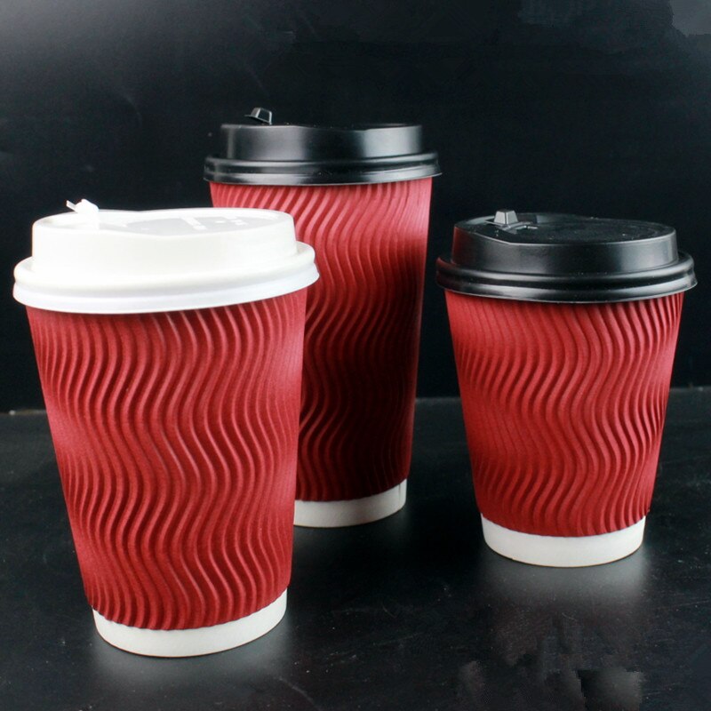 50Pcs Red Gegolfd Anti-Brandwonden Isolatie Dik Papier Cup 400Ml Wegwerp Koffie Sojamelk Drink Verpakking cups Met Deksel