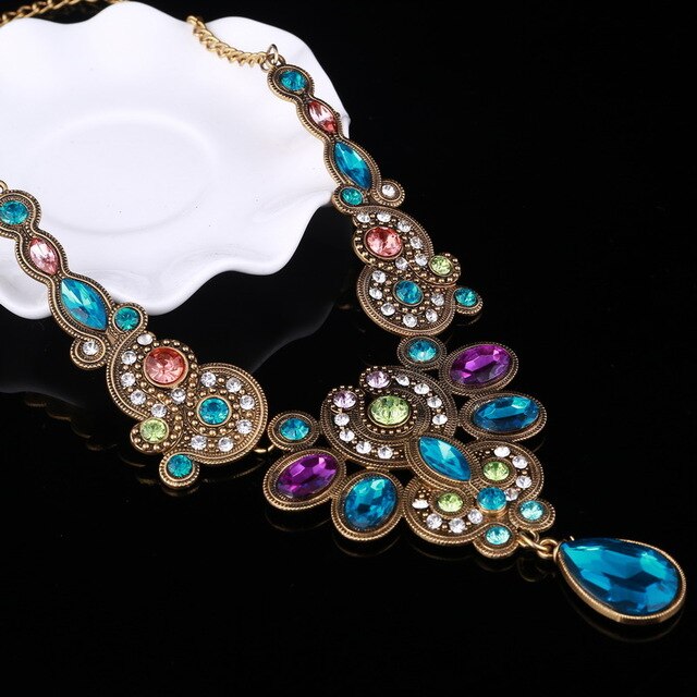 Blauw Roze Rhinestone Kettingen Hanger Boho Verklaring Ketting Goud Kleur Vintage Hanger Lady Dress Choker Ketting: B