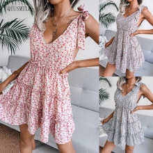 Jurken Voor Vrouwen 2022 Zomer Korte Mouw Bloemen Jurk Strap V-hals Casual Stijl Chiffon Jurk Mode Jurk