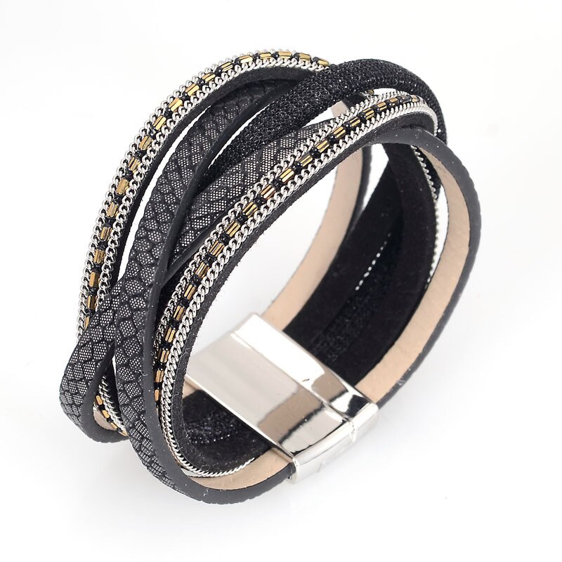 Newest wide magnetic bracelet with braided PU leather and metal chains magnetic bracelets for women