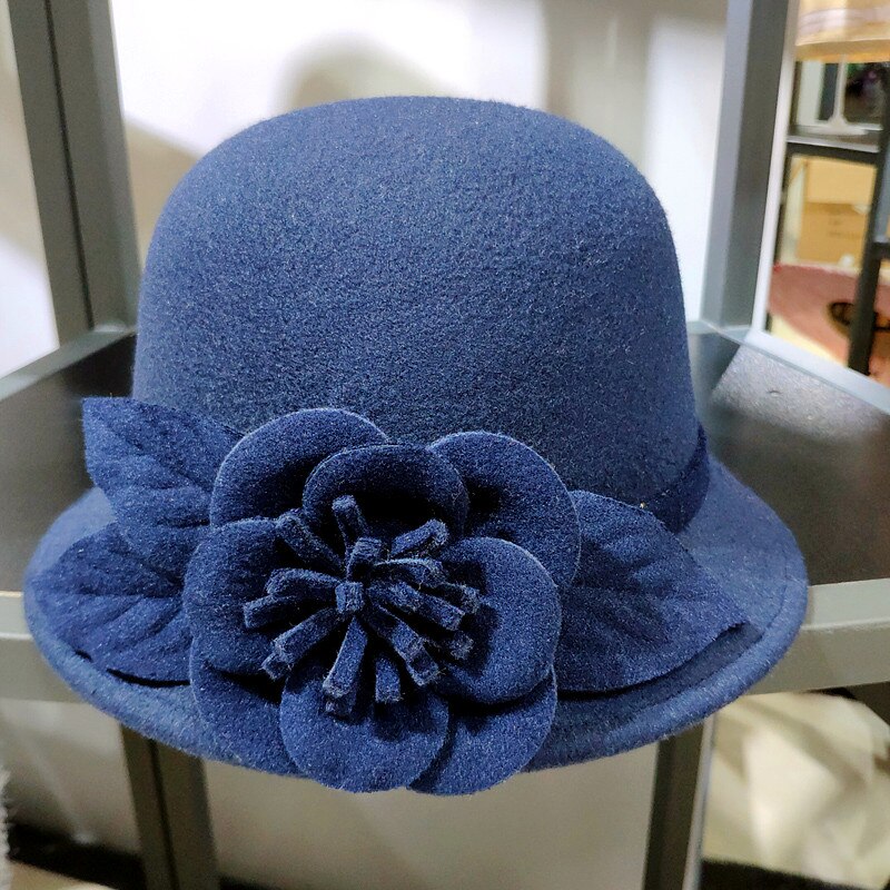 Chapeau Fedora en laine pour femmes, chapeau seau à fleurs texturées, , en forme de dôme, à la , automne hiver: Navy blue