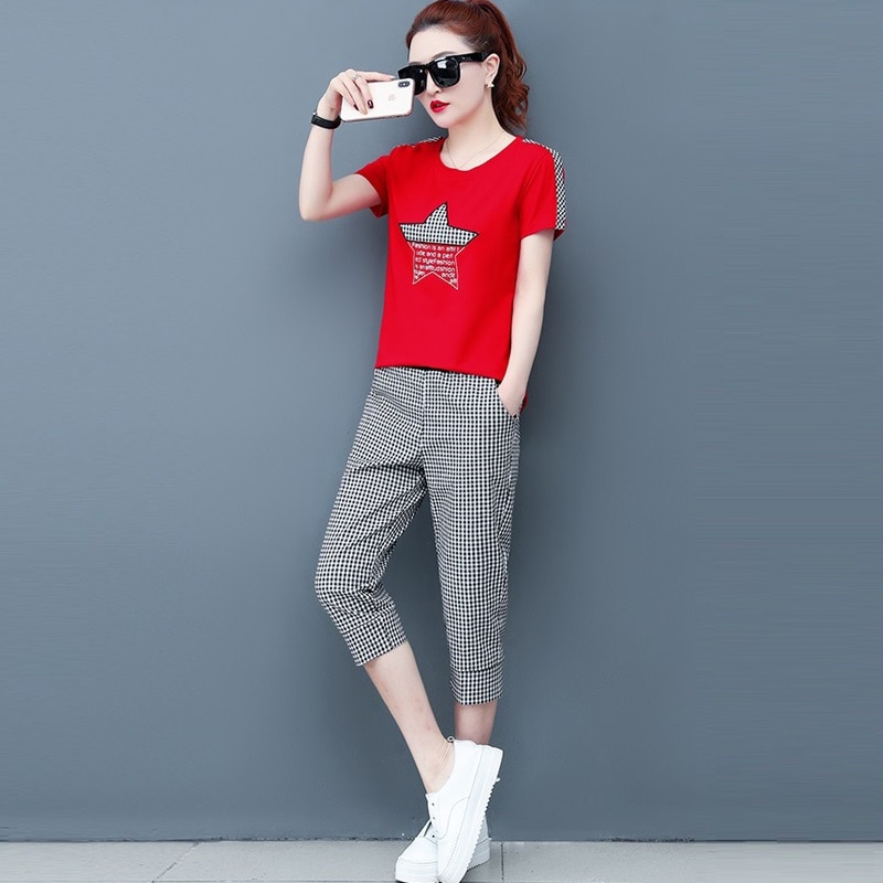 Summer Casual Tracksuit Pant Sets 2 Piece Set Women Short Sleeve T-shirt And Plaid Pants Suits