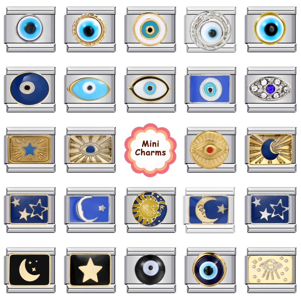2025 azul esmalte ojo sol Luna estrella encanto enlaces italianos ajuste 9mm pulsera de acero inoxidable hacer joyería DIY