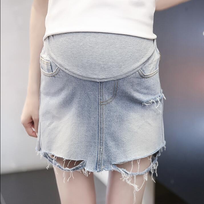 Koreansk tvättad kant gravid jeans kjol sommar slits hål denim resår midja kjolar gravidkläder gravida kvinnor: Xl