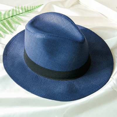 Ht2261 sommer hatte til mænd kvinder halm panama hatte solid almindelig bred kant strand hatte med bånd unisex fedora sol hat: Marine blå