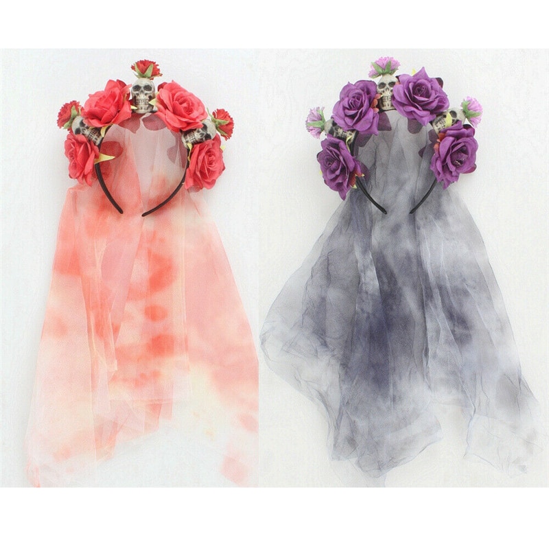 De dødes dag jul rose sort slør med blomster dame fancy dress halloween bryllup død brud pandebånd kostume hovedbeklædning