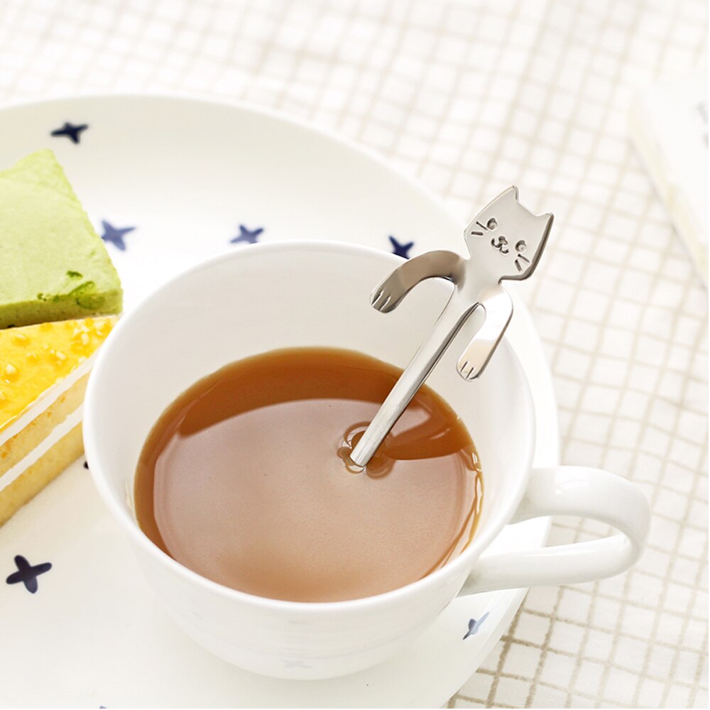 Stainless Steel Cat Spoon Long Handle Flatware Coffee Tea Spoon Seasoning Drinking Tools Hanging Up Teaspoon Kitchen Gadgets