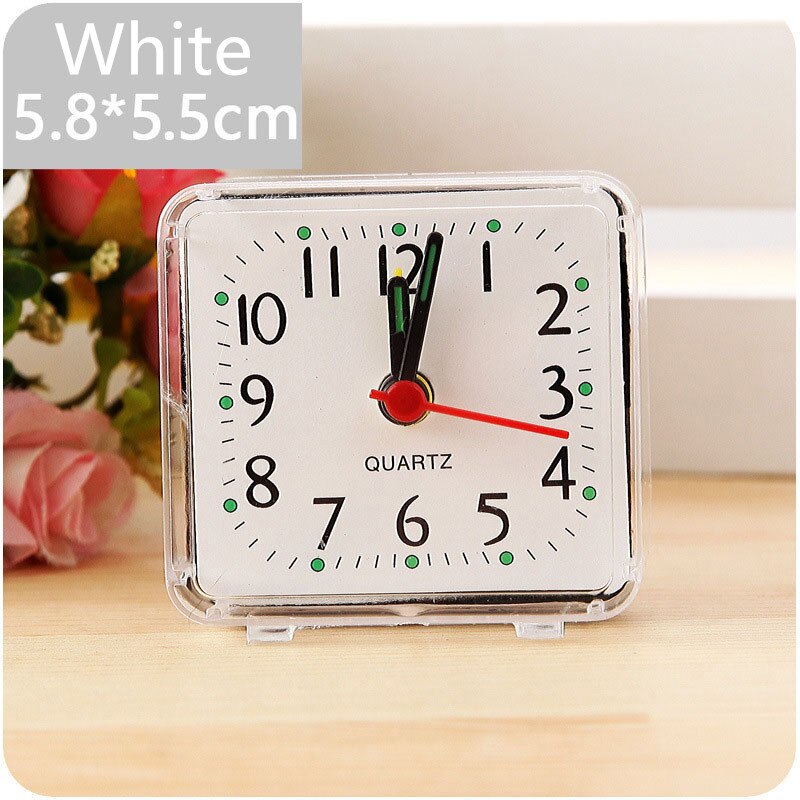 Reloj despertador cuadrado para cama pequeña, relojes de viaje compactos para niños, escritorio de estudiante, mesita de noche, mesa de hogar, pitido de cuarzo, lindo y portátil: Blanco