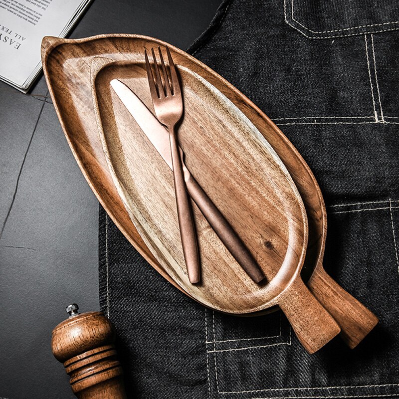 1Pc Acacia Houten Plaat Bladvorm Houten Dessert Brood Plaat Grote Fruit Cake Lade Voedsel Serveerschaal Houten Gebruiksvoorwerpen servies