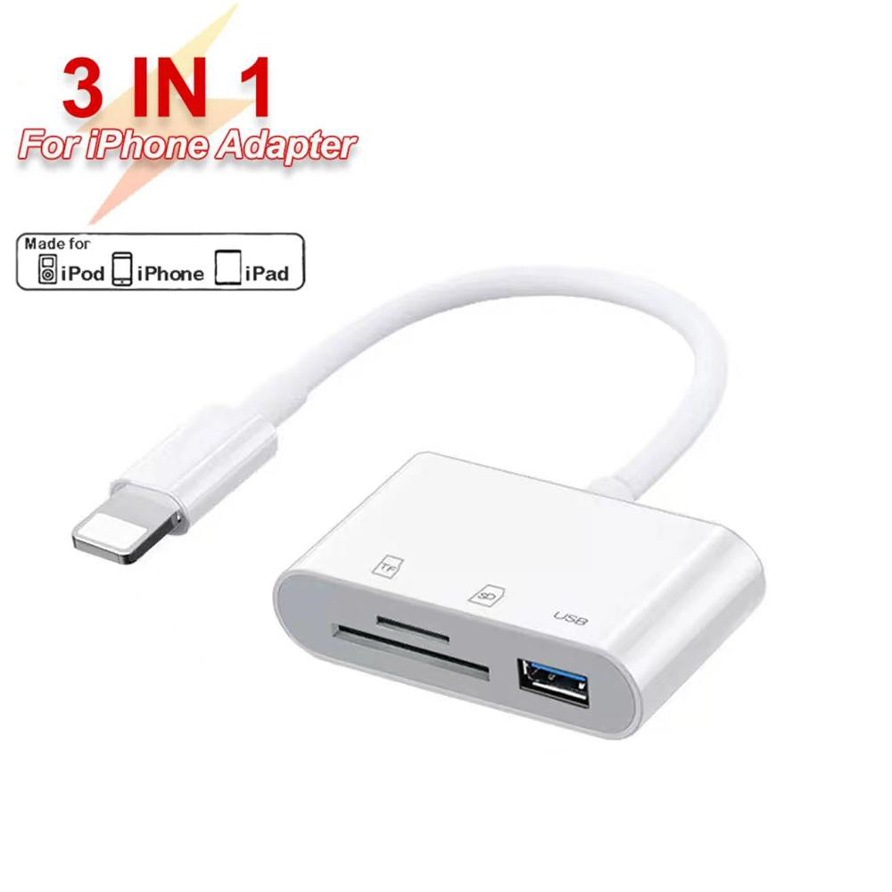 3-in-1 iPhone Type-C naar SD- en TF-kaart USB-cameraadapter, compatibel met iPhone en iPad, kaartlezer en USB-beveiligingssleutel: zwart