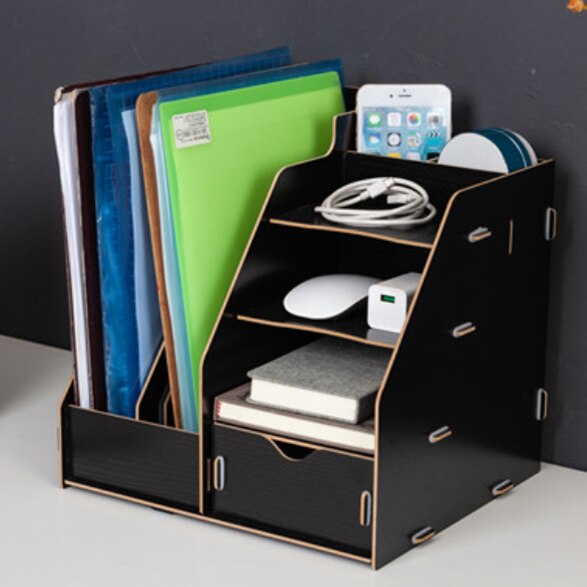 Houten Kleur Bureau Organizer DIY Document Archiefkast Multifunctionele Bureau Accessoires Opslag Tijdschrift Boek Bureau Plank: D-black