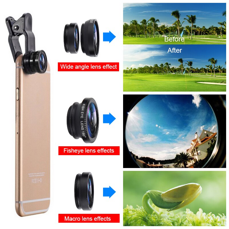 1pc newest Fisheye lens 3 in 1 lenses mobile phone clip lens wide angle lens camera macro for iPhone Xiaomi Huawei Lenovo