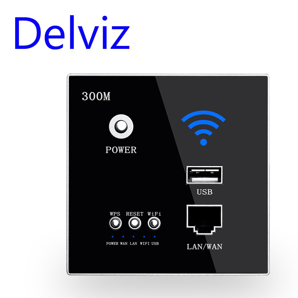Delviz enchufe WiFi inalámbrico Rj45, AP Relay Smart usb Socket, panel de cristal, 220V de potencia, enrutador integrado de 300Mbps WIFI pared: Black