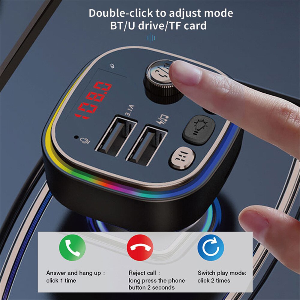 C20 Car FM Transmitter Cigarette lighter Dual USB 5V 3.1A Fast Charger Audio Player Bluetooth With Colorful lights MP3 Player