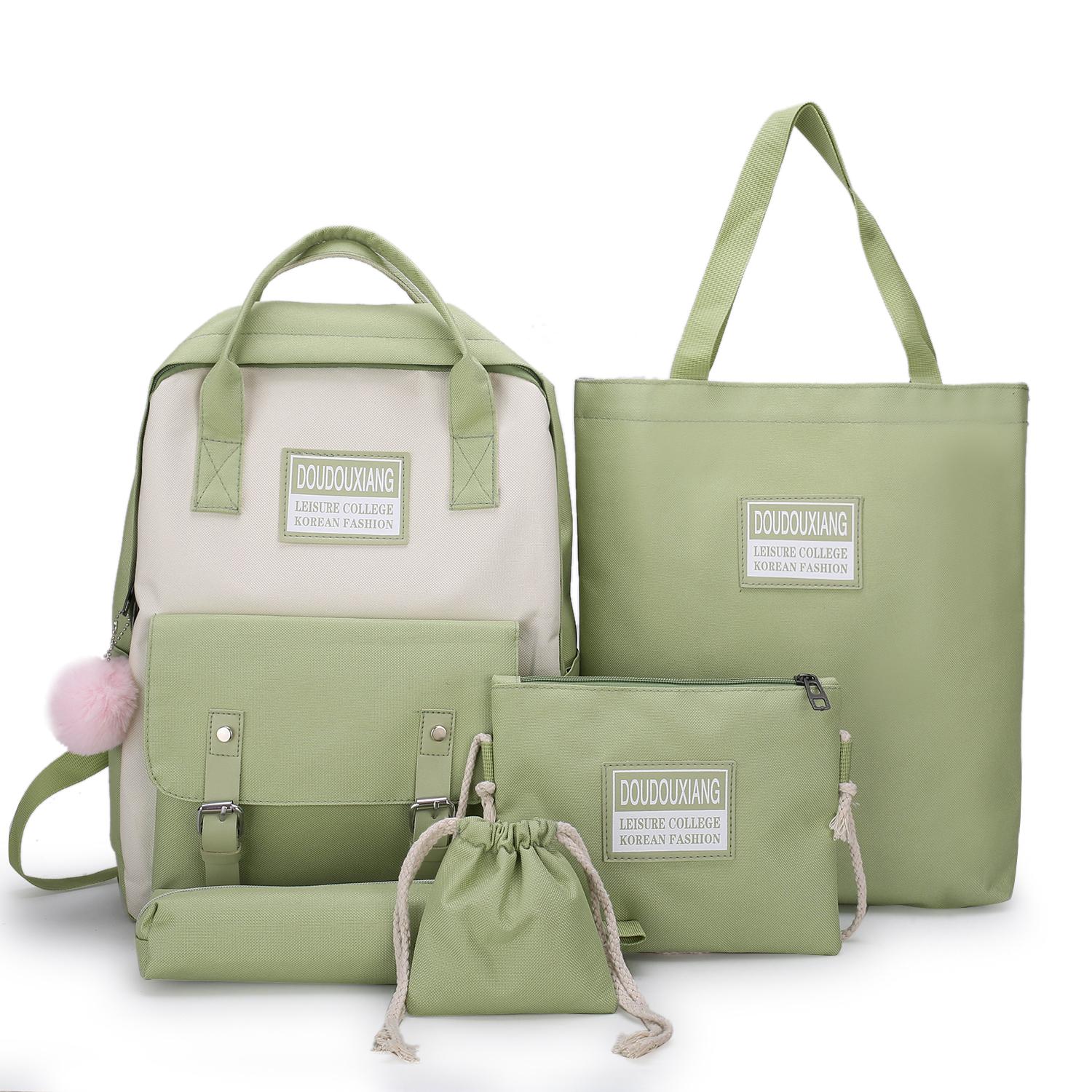 5 Delige Set High School Rugzak Tassen Voor Tienermeisjes Canvas Rugzak Vrouwen Bookbags Tiener Student Schooltas: Green 5pcs