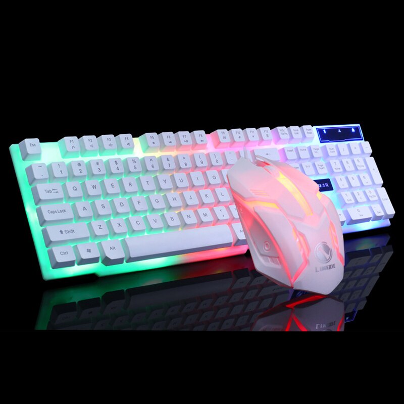 Juego de teclado y ratón para juegos con cable USB, Mouse retroiluminado con luces LED de colores del arcoíris, para el hogar y la Oficina: Blanco