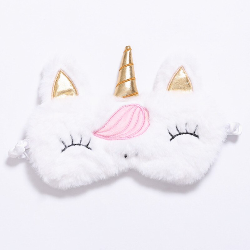 3D dessin animé licorne oeil masque soie variété masque de couchage en peluche oeil ombre couverture vue Relax masque pour voyage maison fête: White 1
