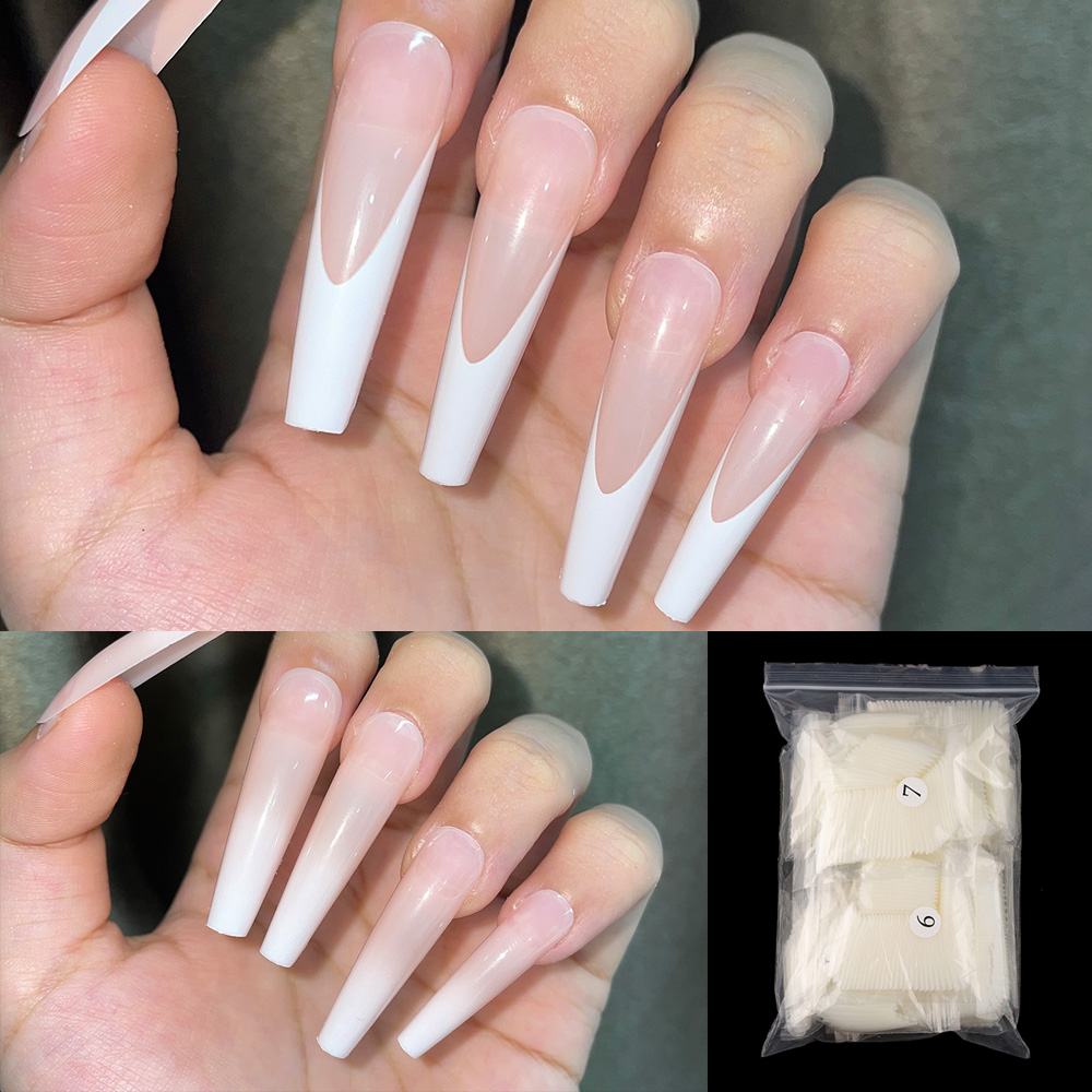 Faux-ongles longs Style français dégradé XXL, couverture complète, pointes en acrylique, amovibles à pression, 600 pièces, produit