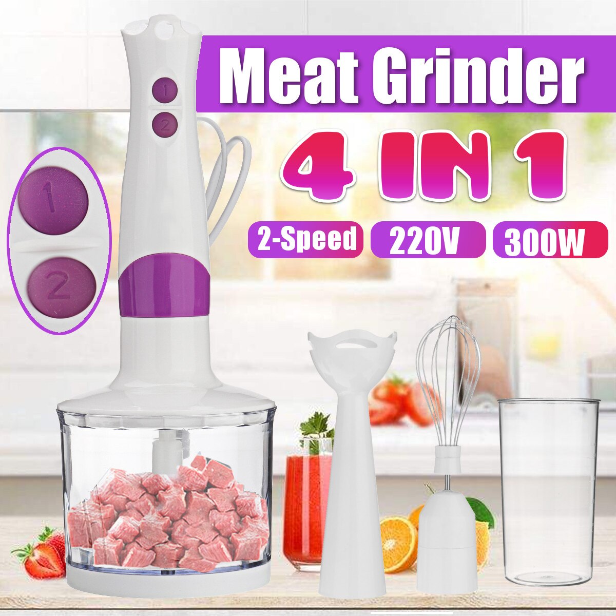 4-in-1 Stainless Steel 300W Immersion Hand Stick Blender Mixer Vegetable Meat Grinder 500ml Chopper Whisk 800ml Smoothie Cup