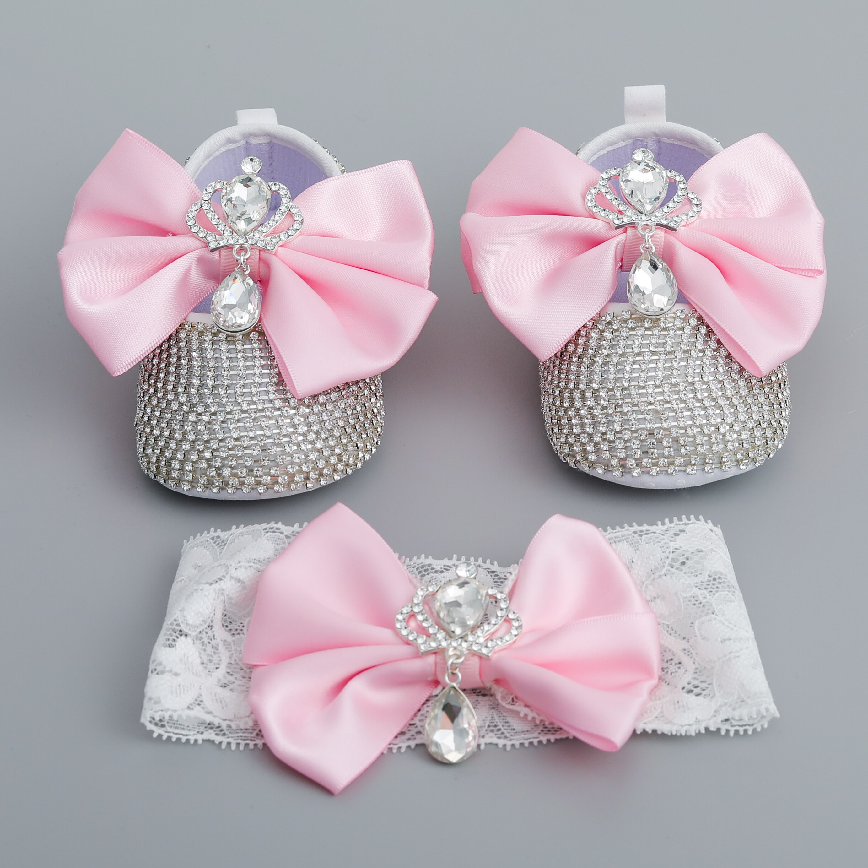 attache tetine pour bébés tétines et accessoires Dollbling – chaussures de luxe en strass pour bébé fille, ensemble de bandeau de premier marcheur, chaussures de princesse scintillantes, de fête prénatale SH: Pink01 UK Size-2