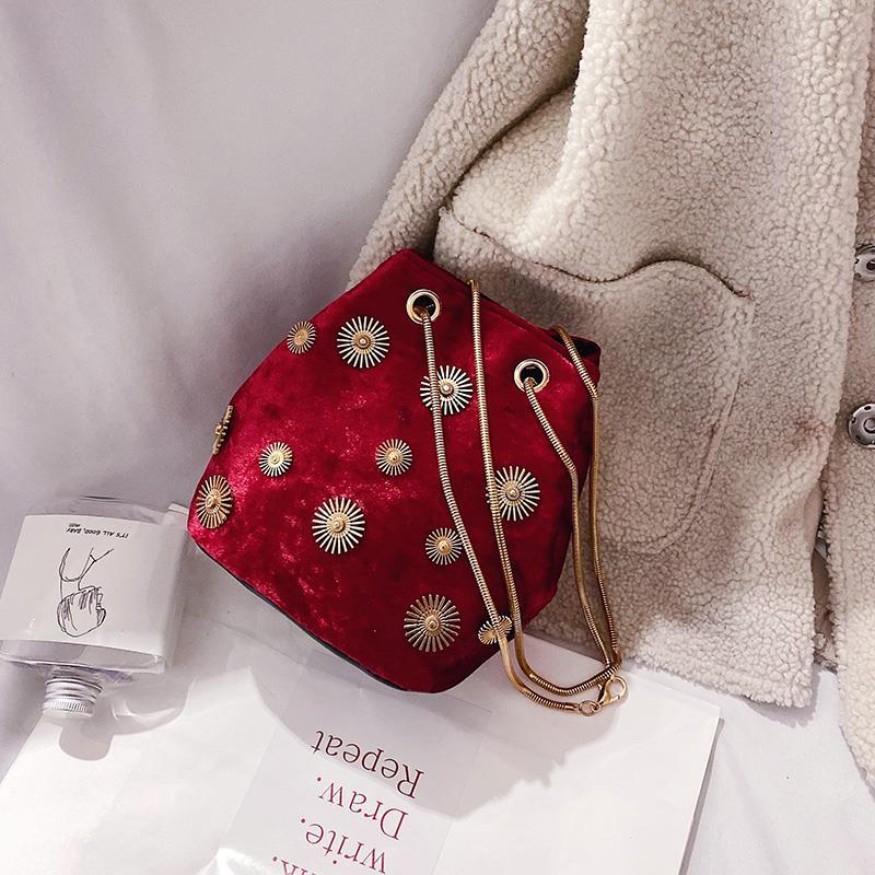 Women's bags Female bag One Shoulder bag Messenger Bag velvet Woollen cloth chain bucket bag mini bag ladies bag small bag: Red