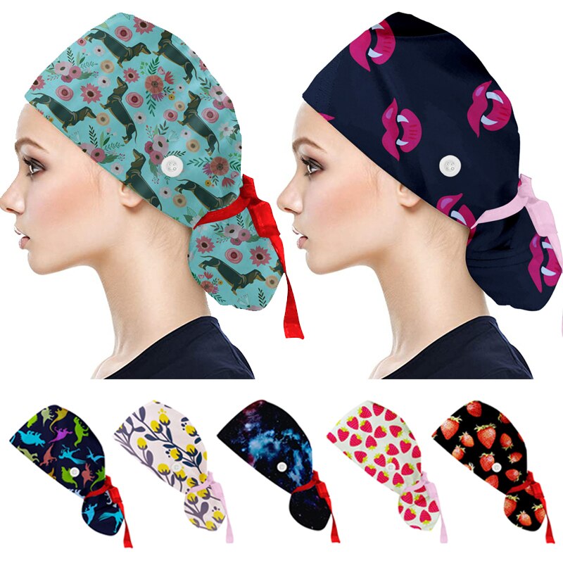 Gorro de algodón con botones para hombre y mujer, estampado, accesorios para uniforme de enfermera, tienda de mascotas, gorro quirúrgico para trabajo de laboratorio de Chef