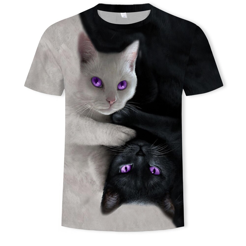 Casual 3D couple black and white cat top digital printing round neck short sleeve t-shirt