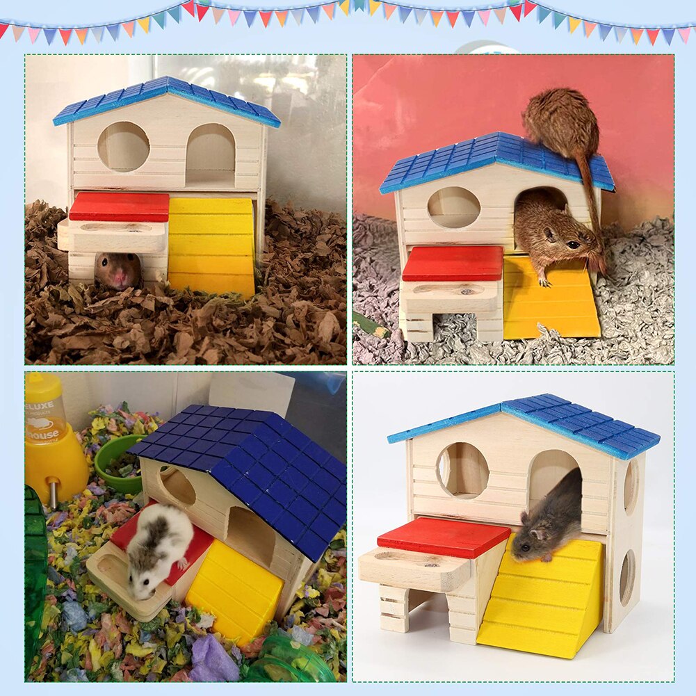 Leuke Kleine Dier Dubbele Laag Cabine Klimmen Huis Speelgoed Huisdier Hamster Egel Houten Nest Slapen Non Slip Hideout Luxe Kooi
