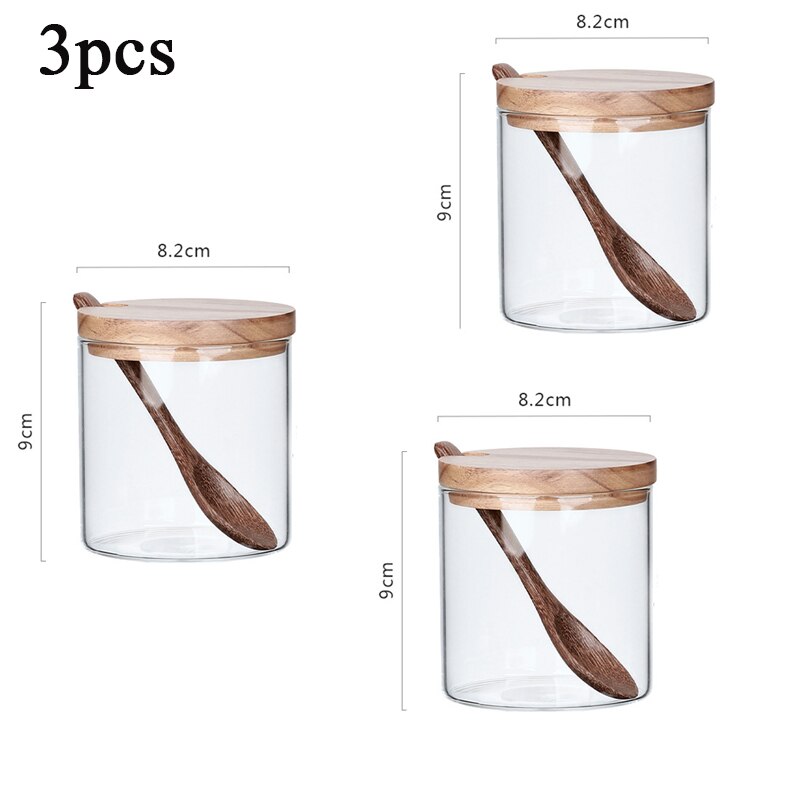 Seasoning box set Transparent glass seasoning jar three-piece kitchen wooden salt shaker sugar bowl with spoon base: C