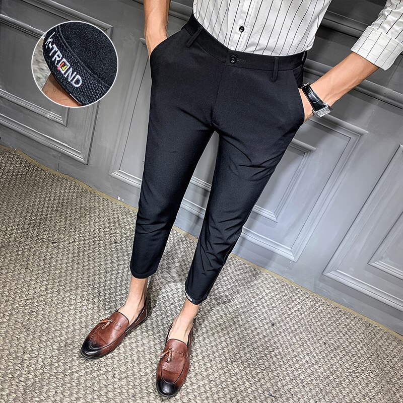 Koreanske sommerkjole bukser mænd slim fit formelle bukser til mænd streetwear ankel længde kontor bukser mænd sort 28-34