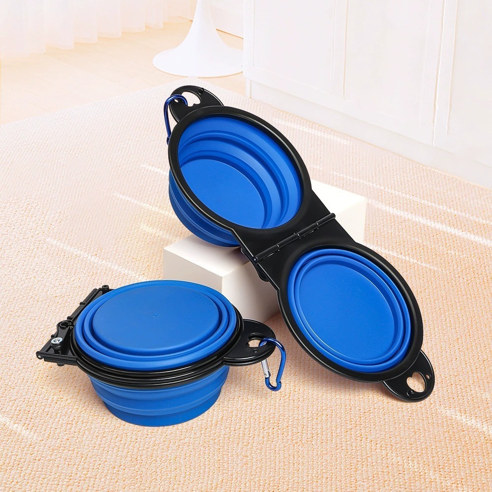 Cuenco de viaje plegable 2 en 1 para perros, cuencos dobles, cuenco plegable para comida y agua, alimentador portátil colgante para perros, producto para perros al aire libre: Negro