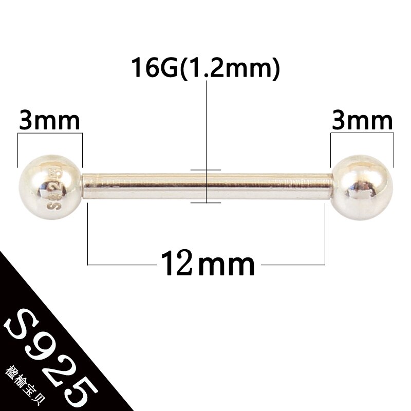 925 sterling silver body jewelry barbell pure S925 16G nipple ring tongue ring eyebrow nail tongue body piercing ONE PIECE: PIN length 12mm