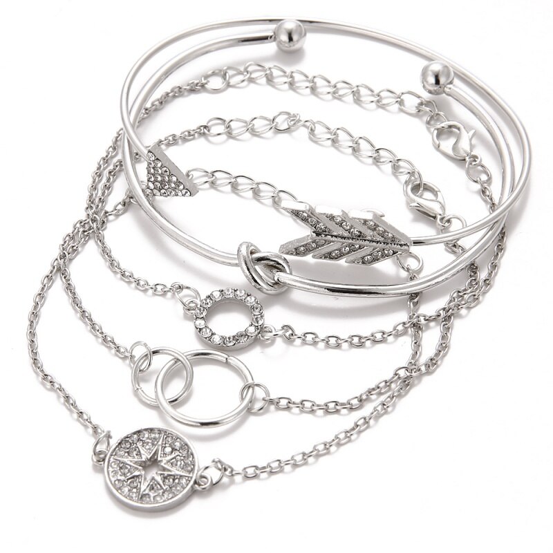 5 Stks/set Bohemian Arrow Crystal Kompas Ronde Geknoopt Geometrische Chain Verstelbare Multilayer Armbanden Set Vrouwelijke Charme Sieraden