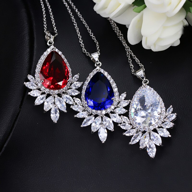 Pera Classic Marquise Cut Zirconia Crystal Big Bule Green Water Neklaces Pendants for Women Daily Dinner Party Jewelry P007