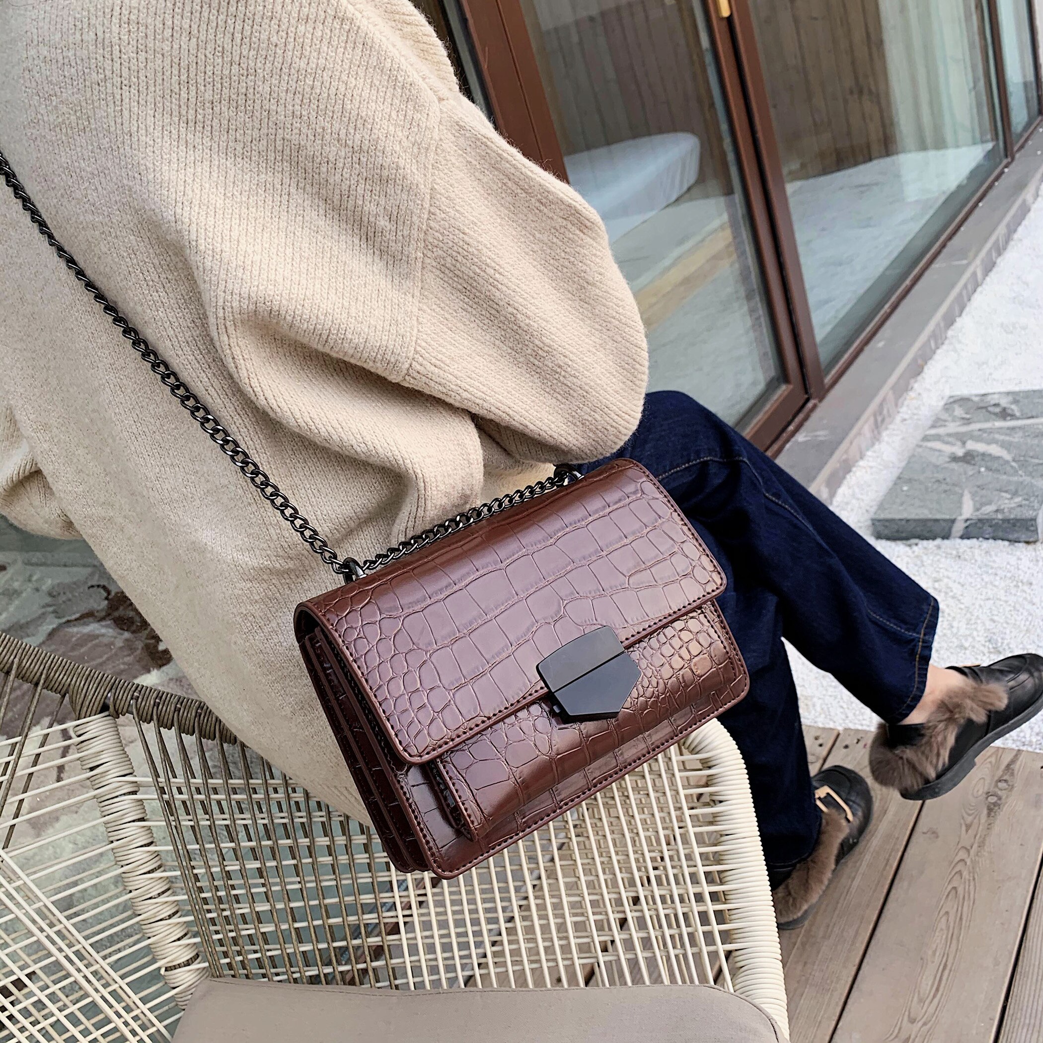 Effen Kleur Steen Alligator Patroon PU Lederen Crossbody Tassen Voor Vrouwen Kleine Schouder Tas Vrouwelijke Keten Handtassen