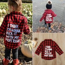 Toddler Kids Baby Boy Girl Red Plaid Tops Shirt Buttoned Long Sleeve Shirt I THINK I&#39;M GONNA KICK IT TODAY WITH MY MOM TODAY