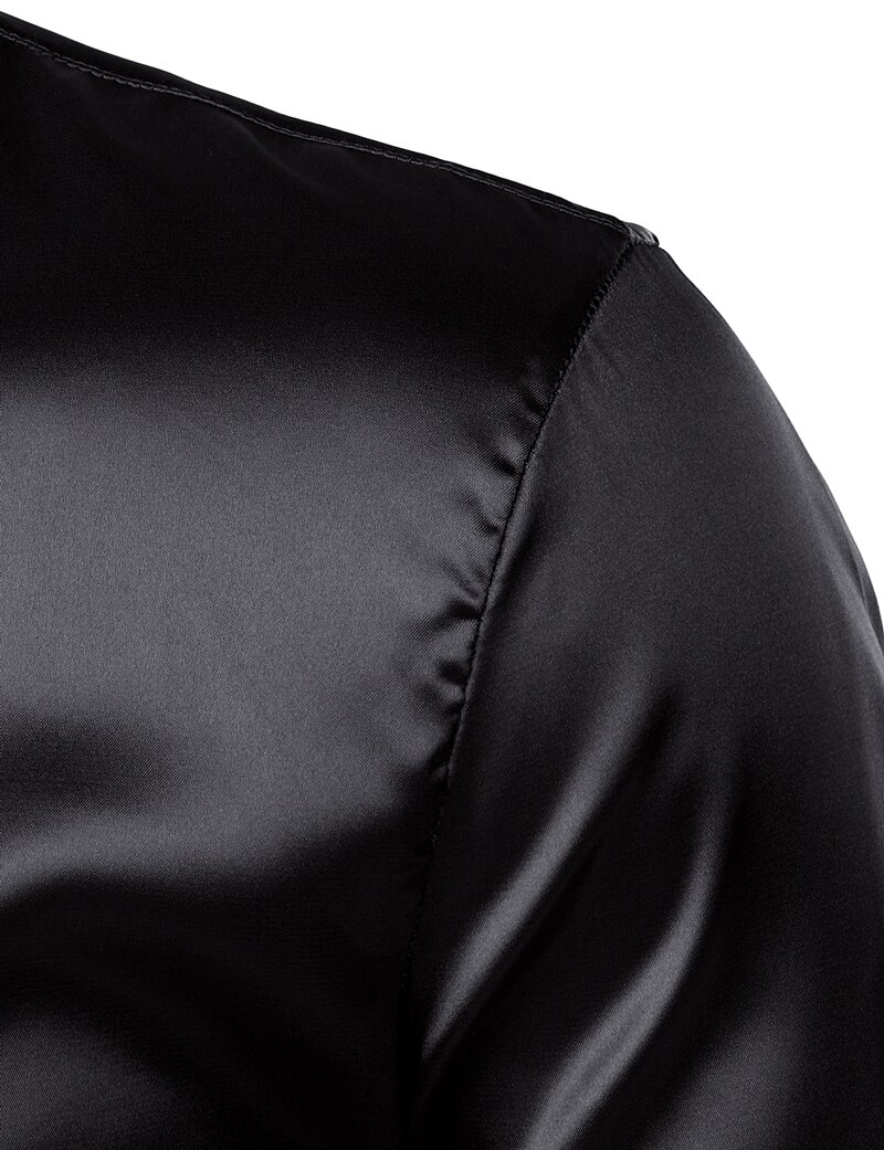 Chemise en satin noir pour homme, vêtement en soie lisse, coupe mince près du corps style smoking, idéal pour une fête décontractée, un mariage ou un bal, collection luxe