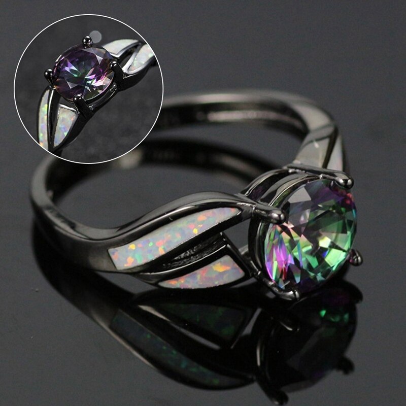 Charming Bianco Opale di Fuoco Anello Colorato Sappjire Delle Donne Degli Uomini di Gioielli Arcobaleno Nero Riempito Anelli Di Fidanzamento Bijoux Femme