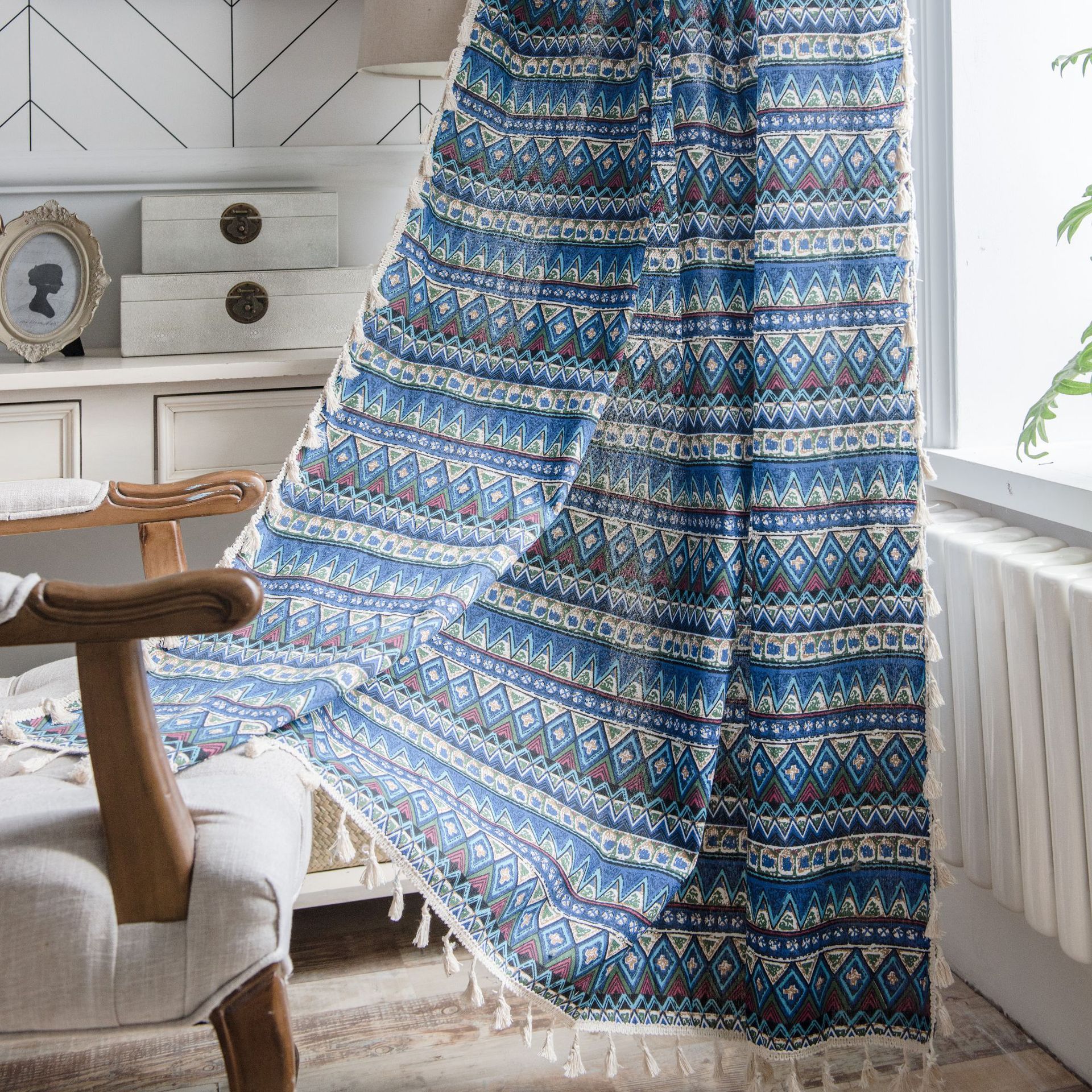 Geometric Finished Printing Blue Bohemian Curtain Cotto- Linen Curtain Semi-shading Bay Blackout Window Bedroom Living Room: W150cm X H260cm / ROD POCKET