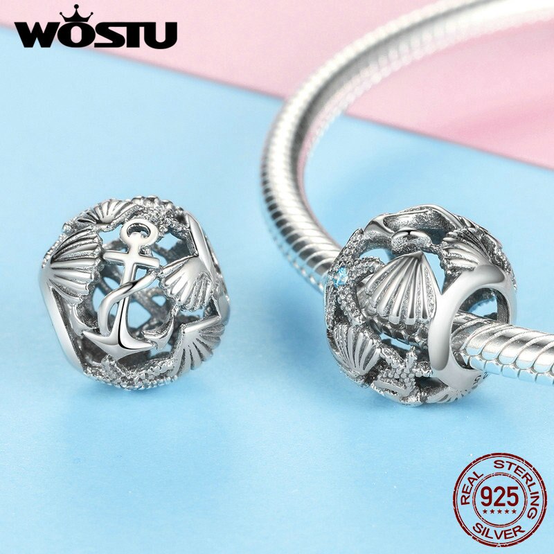 WOSTU Authentic 925 Sterling Silver Beach Shell Beads Fit Charm Bracelet Pendant Original Fresh Jewelry Accessories CQC995