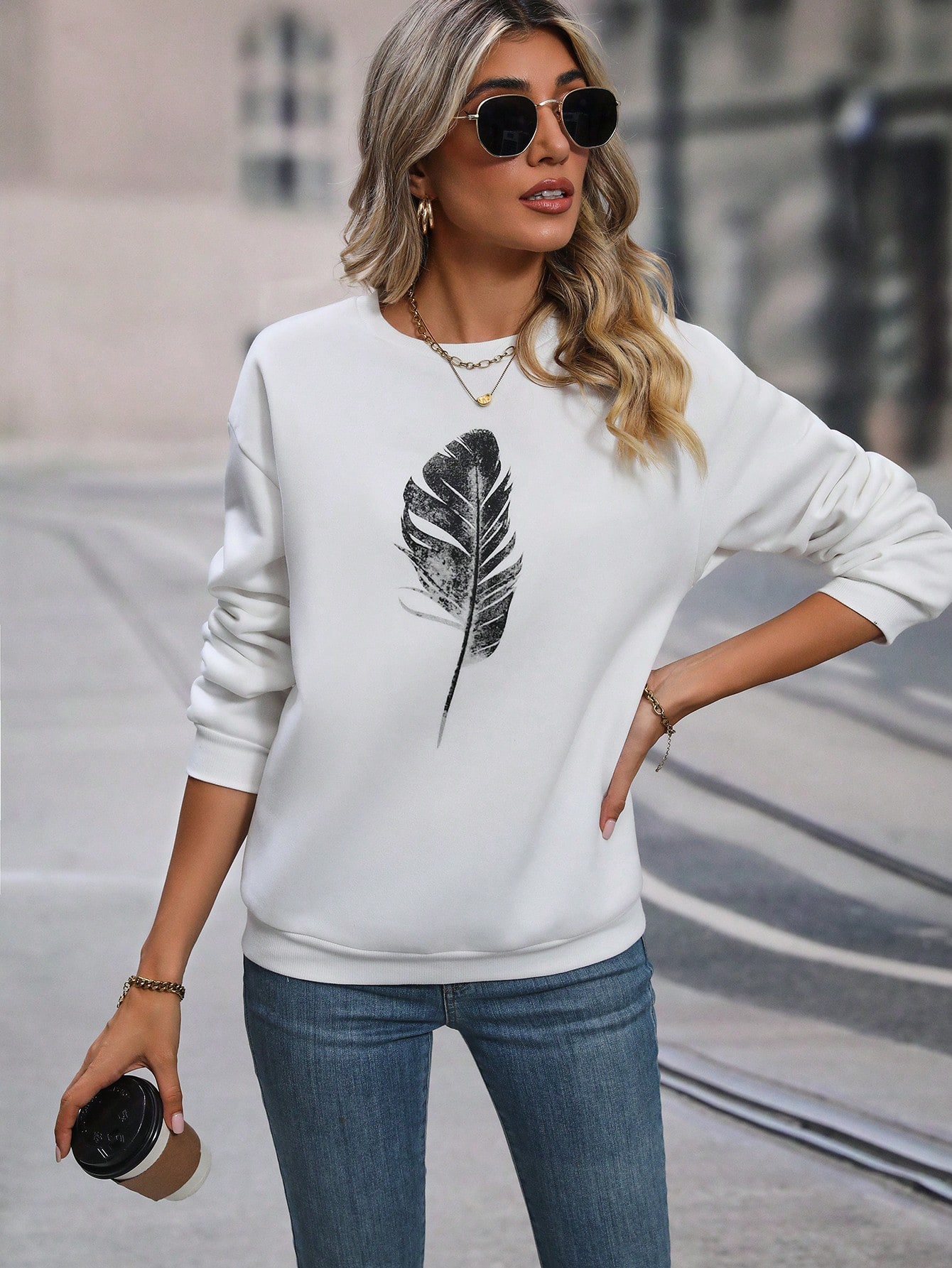 Eenvoudige Kunst Veren Print Sweatshirt Voor Dames Casual Street Style Tops Ronde Hals Mode Hoodies Herfst Fleece Dameskleding