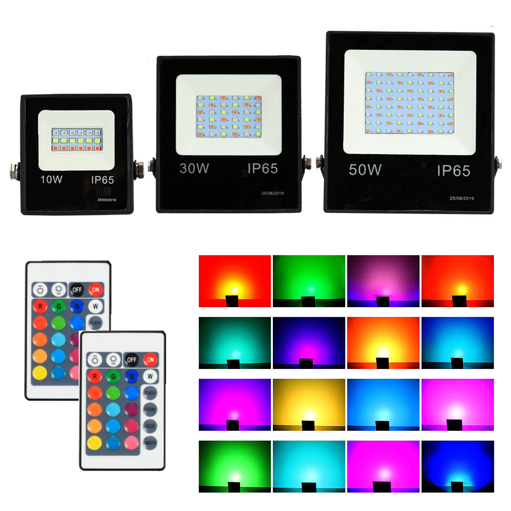 10W 30W 50W RGB LED Floodlight Remote Control 220V 110V AC Flood Light Outdoor Waterproof Spotlight Garden Lamp 16 Colors