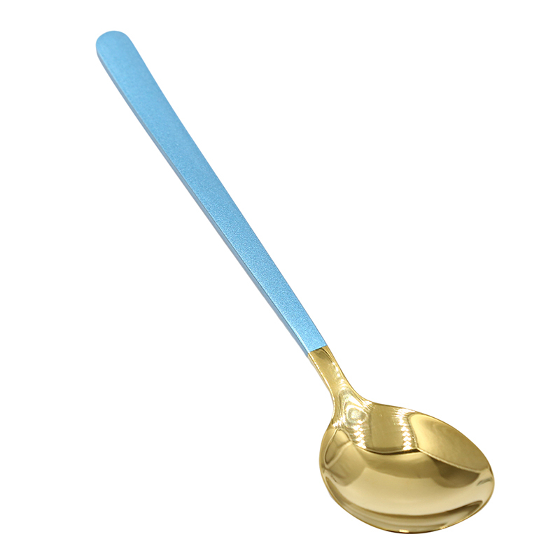 Cuillère fourchette or à Long manche | Fourchette à Long manche, cuillère pour la crème glacée vaisselle plaqué or Dessert thé cuillères à café cuillères en acier inoxydable: Blue gold spoon
