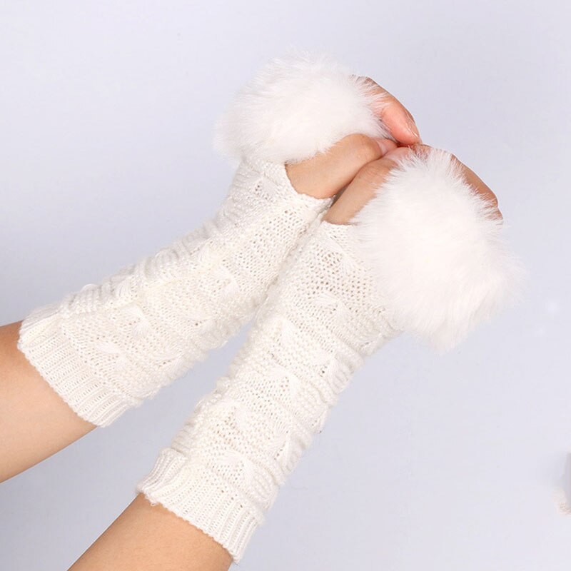 Guantes sin dedos para mujer, de lana de imitación, Crochet, calentador de muñeca , cálido para manos, mitones de medio dedo, invierno,: Blanco