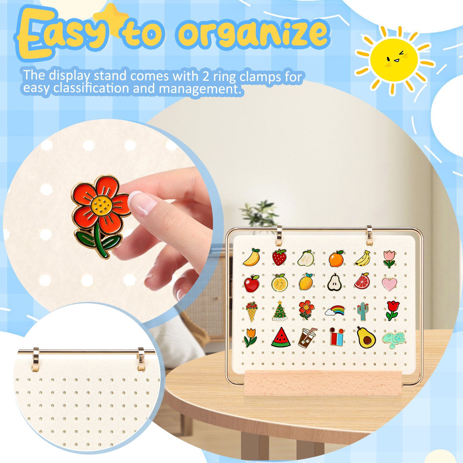 Pin Display Organizers Earring Hair Clip Flip-style Storage Holder Brooch Badge Collection Calendar Wooden Stand with 6 Pages