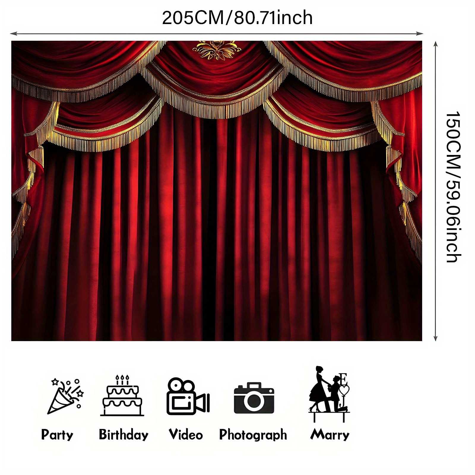 Een luxueus rood fluwelen toneelgordijn met gouden randen, perfect als achtergrond voor evenementen en ideaal om te vieren.
