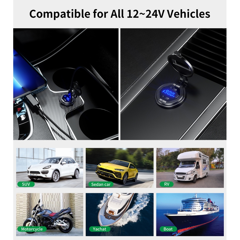 12v-24v dual 45w type c usb c pd fast car phone charger with led voltmeter switch for mobile phone, tablet, laptop