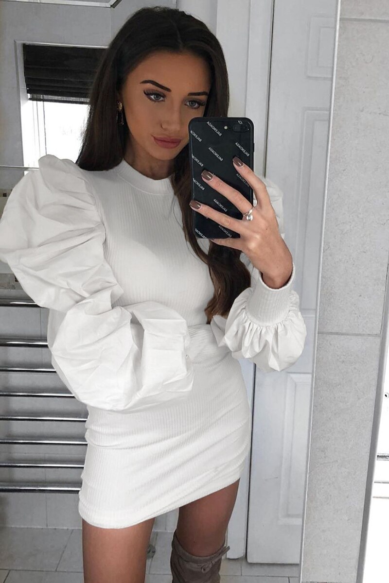 Women Long Puff Sleeve Ribbed Knit Jumper Mini Dress Ladies Party Bodycon Dress: S / A